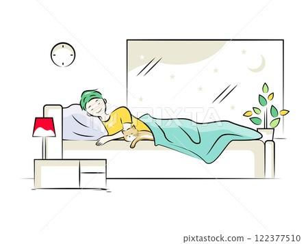 男人(爸爸)和貓在床上熟睡 | 家庭系列 男人(爸爸)和貓在床上熟睡 | 家庭系列 122377510