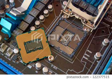 Motherboard processor shot from above, close-up of processor 122377515