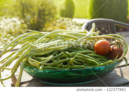 green beans is raw, harvested on wooden background. legumes, vegetarianism and gardening 122377861