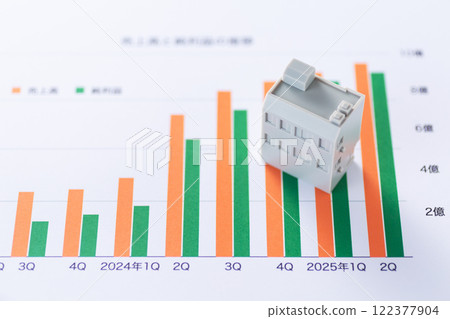 Company performance graph and corporate building 122377904