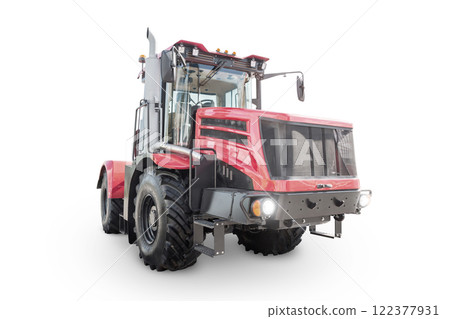 Red heavy wheeled tractor isolated on white background Red heavy wheeled tractor isolated on white background 122377931