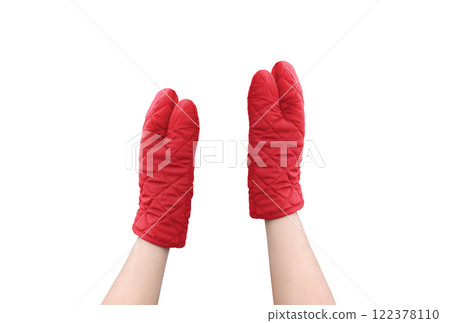 Red microwave gloves, top view, white background. Red microwave gloves, top view, white background. 122378110