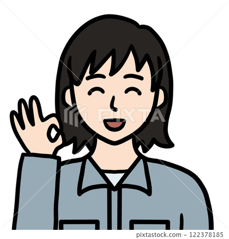 A young woman in work clothes who says OK (smiles) 122378185