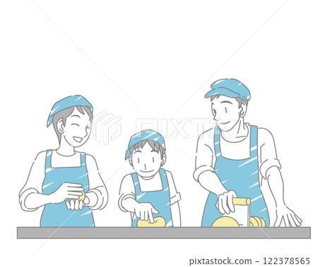 一家人正在享受烤麵包的樂趣 一家人正在享受烤麵包的樂趣 122378565