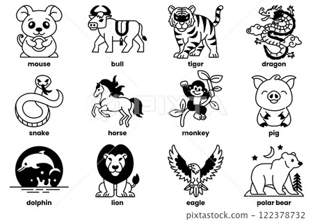 Set of illustrations in the concept of animals and zodiacs in line art style 122378732