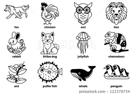 Set of illustrations in the concept of animals and zodiacs in line art style 122378734