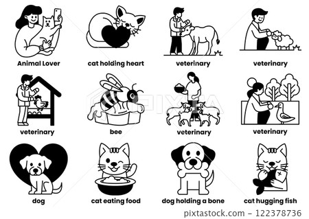 Set of illustrations in the concept of veterinarians and animal clinics in a line style 122378736