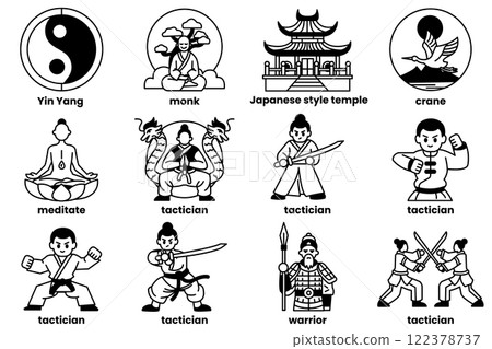 set of illustrations in the concept of Chinese warriors in a line style set of illustrations in the concept of Chinese warriors in a line style 122378737