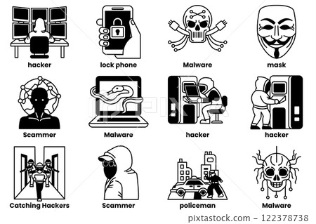 set of illustrations in the concept of hackers in a line style 122378738