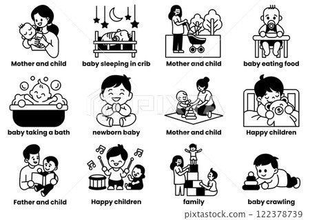 Set of illustrations in the concept of mother and child in line drawing style 122378739