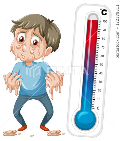 Overheated Man and Thermometer Illustration 122378811