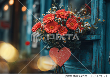 Bouquet of red gerberas and a heart tag 122379121