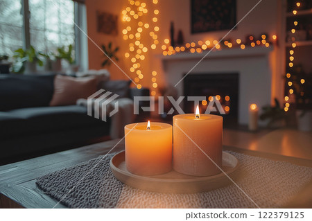 A relaxing living room with candlelight and a fireplace 122379125