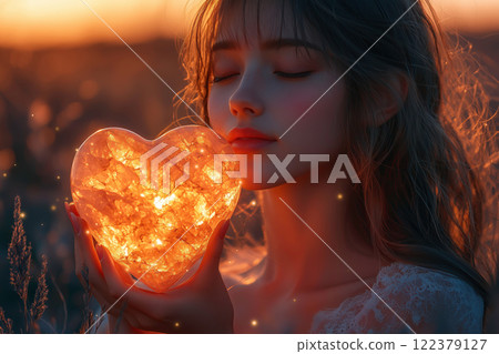 A woman holding a shining heart in her hands at dusk A woman holding a shining heart in her hands at dusk 122379127
