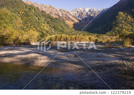 Konashidaira in late autumn with a flowing river and autumn leaves 122379219