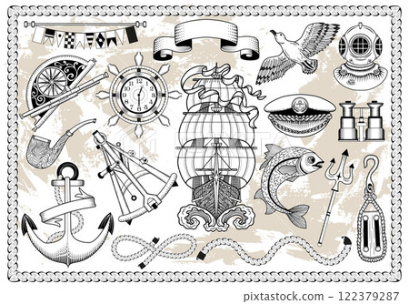 Design vector vector, set, ship, set with old sailboat, sea marine objects and symbols, antique navigational devices, vignette banners. Vintage transportation and adventures concept isolated on white. 122379287