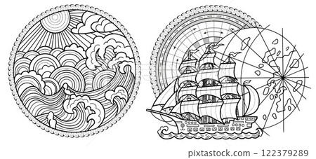 Design vector set with emblems of stormy weather and retro sailing ship against map and compass background in rope frame. Vintage transportation and old adventures concept isolated on white. Design vector set with emblems of stormy weather and retro sailing ship against map and compass background in rope frame. Vintage transportation and old adventures concept isolated on white. 122379289