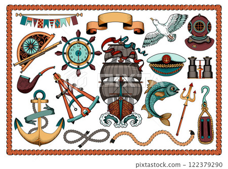 Colorful design vector set with old ship, sea objects and symbols, antique navigational devices, anchor, vignette banners. Vintage transportation and adventures concept isolated on white. 122379290