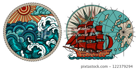 Design vector set with colorful emblems of stormy weather and retro sailing ship against compass in rope frame. Vintage transportation and old adventures concept isolated on white. Design vector set with colorful emblems of stormy weather and retro sailing ship against compass in rope frame. Vintage transportation and old adventures concept isolated on white. 122379294