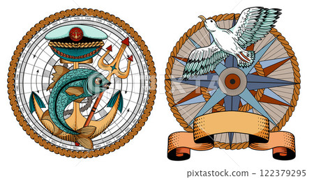 Colorful design vector set with marine emblems of anchor with fish and compass with sea gull and vignette banner. Vintage transportation and old adventures concept isolated on white. Colorful design vector set with marine emblems of anchor with fish and compass with sea gull and vignette banner. Vintage transportation and old adventures concept isolated on white. 122379295