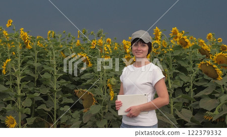 Agriculture, woman farmer smiling sunflowers background field, portrait woman farmer sunflowers flowers, agriculture concept, business woman, eco industry, woman with digital tablet smiling nature, Agriculture, woman farmer smiling sunflowers background field, portrait woman farmer sunflowers flowers, agriculture concept, business woman, eco industry, woman with digital tablet smiling nature, 122379332