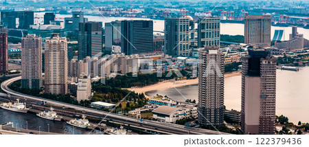 Aerial view of Odaiba Harbor in Tokyo, Japan 122379436