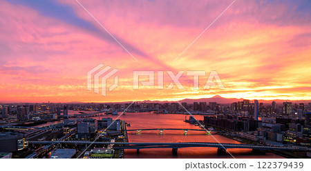 Mount Fuji as seen from Tokyo with dramatic sunset 122379439