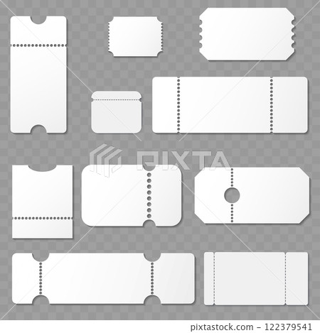 Blank White Ticket Templates with Perforation on Transparent Background Vector 122379541