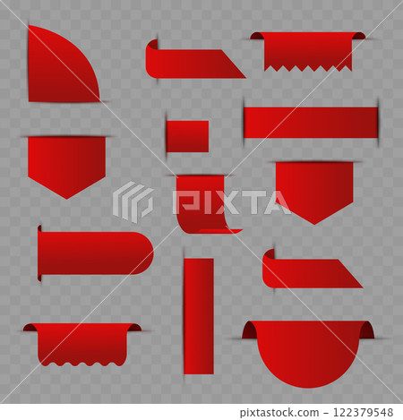 Realistic Red Ribbon Tags and Banners Collection on Transparent Background Vector 122379548
