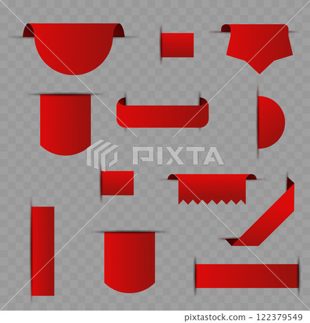 Realistic Red Ribbon Tags and Banners Collection on Transparent Background Vector 122379549