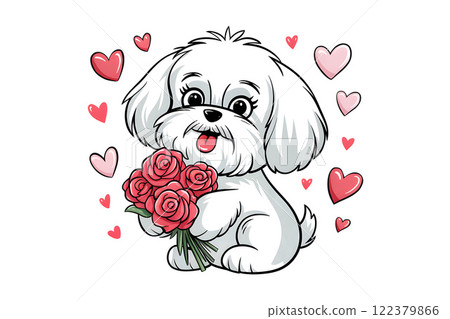 Cute maltese puppy holding roses and showing love with hearts Cute maltese puppy holding roses and showing love with hearts 122379866