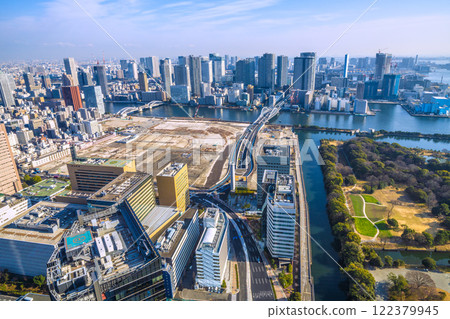 Tokyo cityscape in Japan: Reiwa 7, a new era. View of the former Tsukiji Market site, etc., to be redeveloped... = January 23rd 122379945