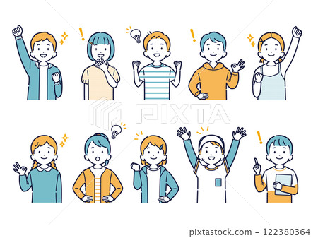 Illustration set of children looking up and with bright expressions Illustration set of children looking up and with bright expressions 122380364
