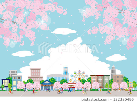 春天城市景觀的插圖，櫻花盛開的人們在城鎮散步的插圖。 122380496