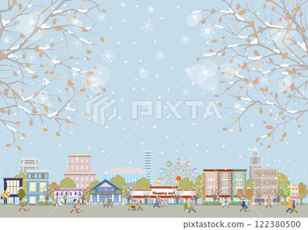 Illustration of a snowy cityscape. Illustration of people walking down the street. 122380500