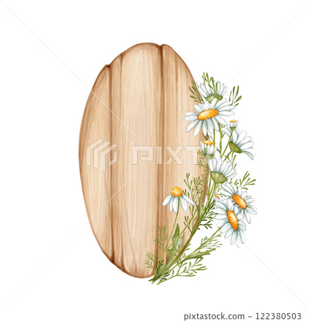 Wooden signboard with daisy flowers. Signs with place for messages. 122380503