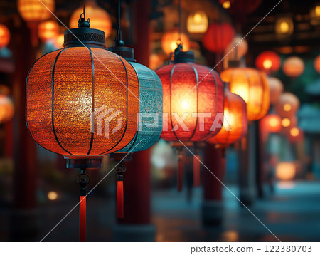 色彩繽紛的燈籠照亮的夢幻夜景 122380703