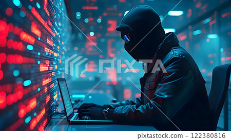a person wearing a hoodie and a mask is using a laptop in a room with multiple computer monitors stealing secure data and information 122380816