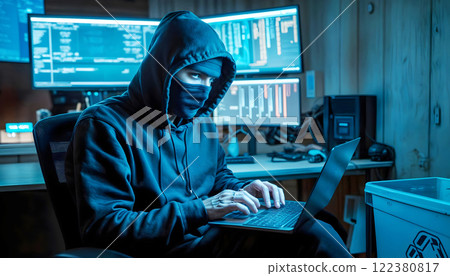 a person wearing a hoodie and a mask is using a laptop in a room with multiple computer monitors stealing secure data and information 122380817