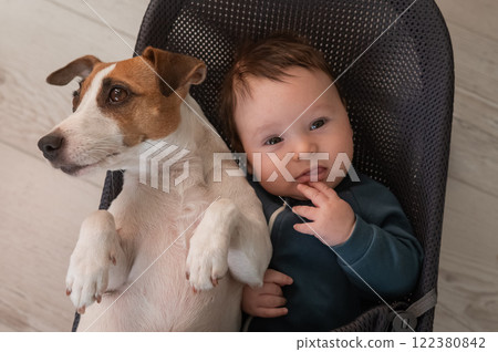 A dog and a cute three-month-old boy dressed in a blue overalls are sitting together in a baby lounger.  122380842