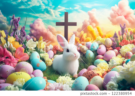 A cute Easter bunny sits beside a colorful Easter egg with a cross in the background, symbolizing the joy of Easter and its spiritual significance. The concept of celebration, faith, and new beginning A cute Easter bunny sits beside a colorful Easter egg with a cross in the background, symbolizing the joy of Easter and its spiritual significance. The concept of celebration, faith, and new beginning 122380954
