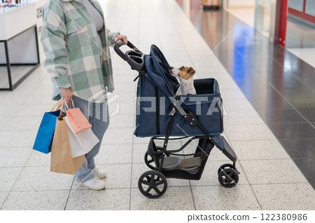 A Caucasian woman is shopping with her Jack Russell Terrier dog in a stroller in a shopping mall. 122380986