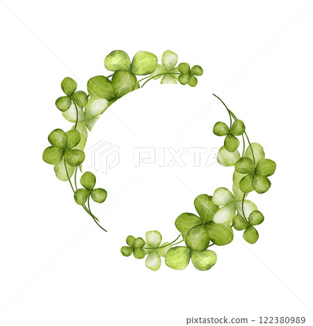 Green clover round frame. St. Patrick's Day. Shamrock. Isolated watercolor illustration on white background. 122380989