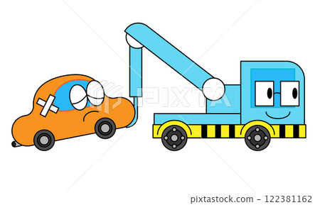 Illustration of a broken down car and a tow truck towing it Illustration of a broken down car and a tow truck towing it 122381162