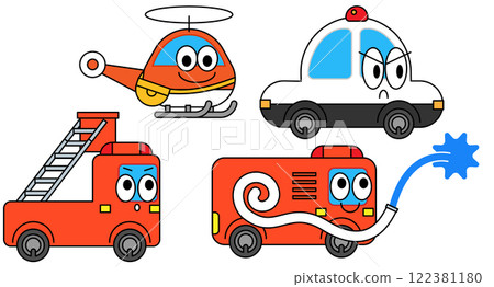 Illustrations of a ladder truck, a water cannon truck, a helicopter, and a police car Illustrations of a ladder truck, a water cannon truck, a helicopter, and a police car 122381180