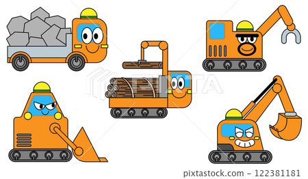 拖車、自卸車、挖土機、收割機等作業車輛插畫 122381181