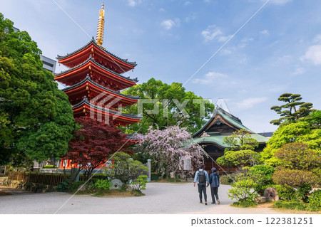 Japanese couple at Tochoji Temple with sakura blossom, Fukuoka 122381251