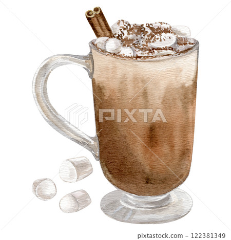 Watercolor iilustration of hot coffee with marshmallows, cinnamon stick, sprikled with cinnamon in glass mug Watercolor iilustration of hot coffee with marshmallows, cinnamon stick, sprikled with cinnamon in glass mug 122381349