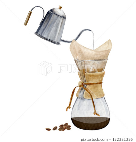 Watercolor composition of metal kettle that pours water over (v60) and coffee beans lying nearby Watercolor composition of metal kettle that pours water over (v60) and coffee beans lying nearby 122381356