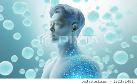 Stem cells floating around a male human body, 3D illustration of regenerative medicine image Medical material Stem cells floating around a male human body, 3D illustration of regenerative medicine image Medical material 122381491